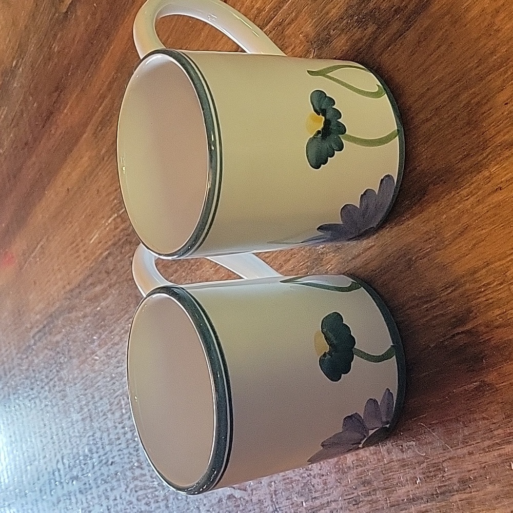 2 Vintage Caleca Mugs Cups 4" Hand Painted Blue Flower Leaves Italian Made